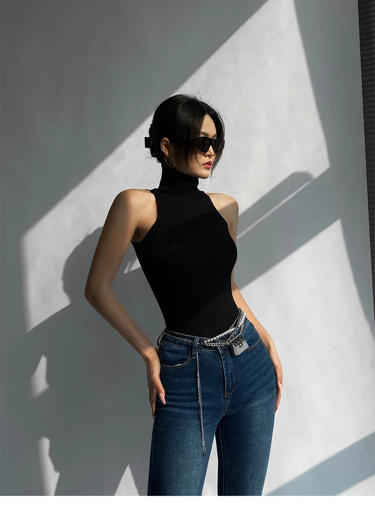HELIAR Women Off Shoulder Tops Turtleneck Tank Tops Knitted Hot Tops Women 2024 Summer Skinny Round Neck Solid Cute Cropped