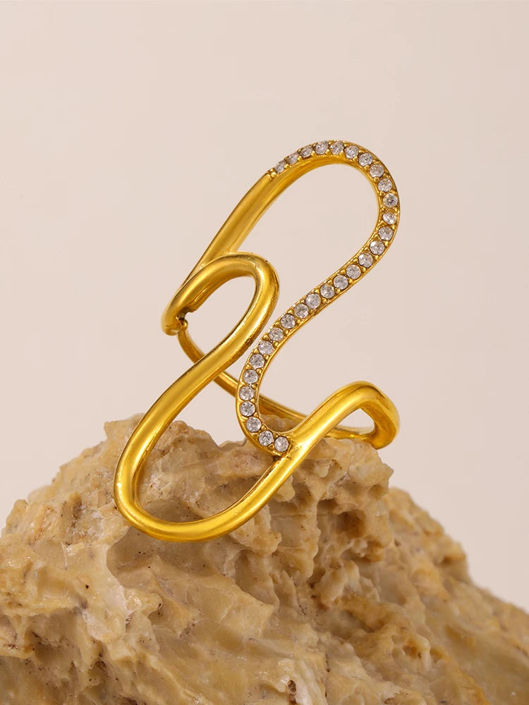 Fashion Women's Ring In Stainless Steel With Shiny Zircon 18k Gold Plated Adjustable Minimalist Aesthetic Rings For Women