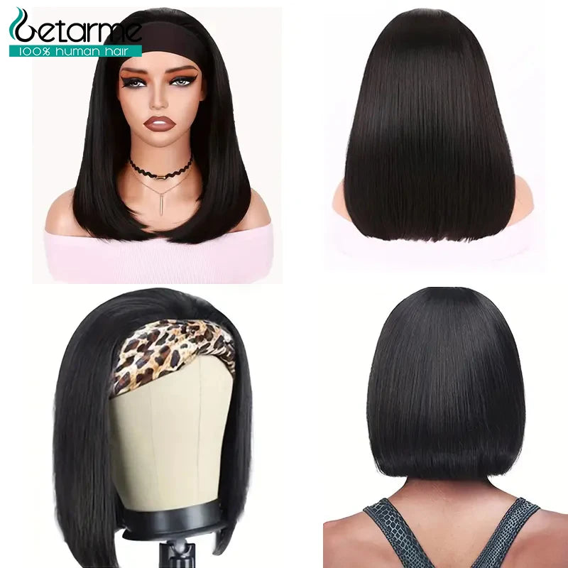Straight Human Hair Wigs - Getarme Headband Wigs Human Hair Bob Wig Full Machine Made Curly Hair Bang Wig 8-16 Inches Remy Hair