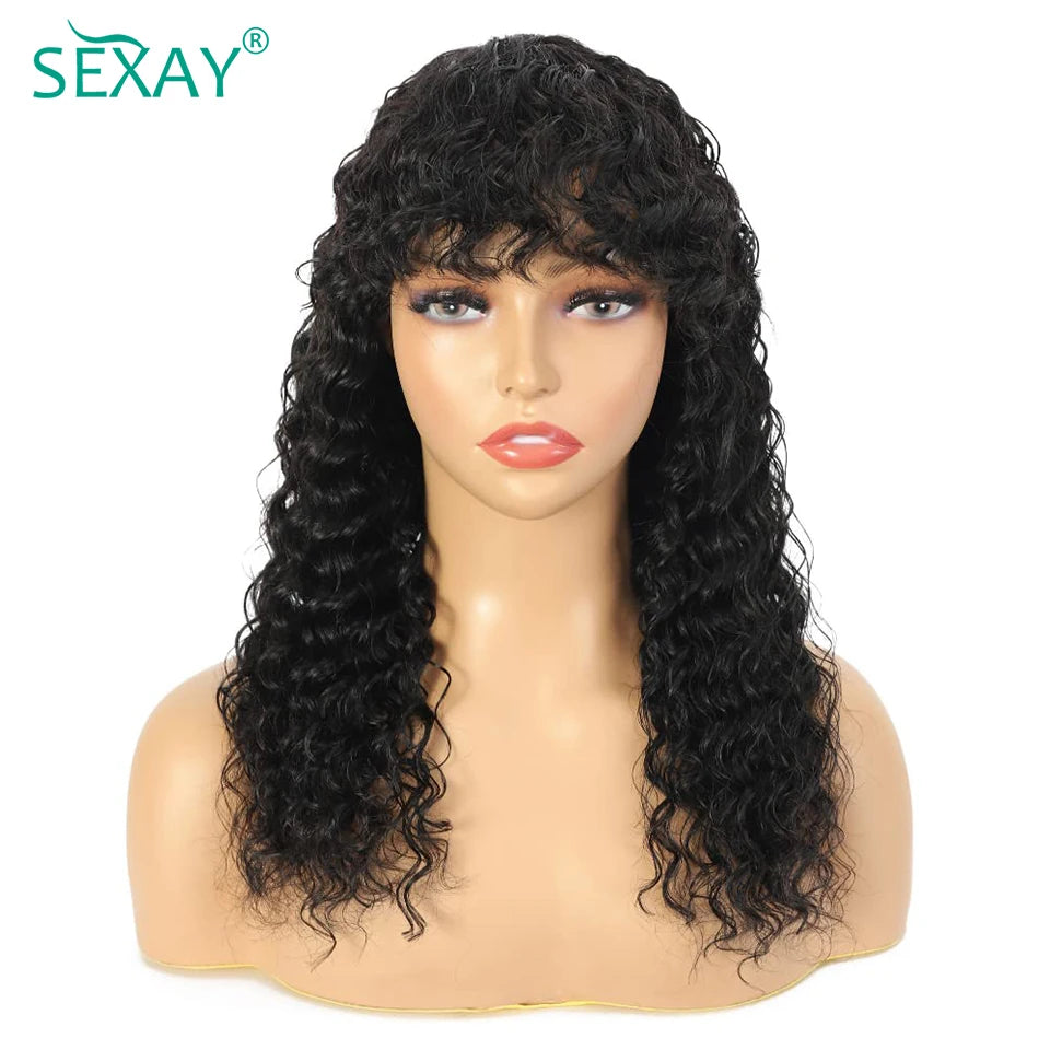 PU Fake Scalp Human Hair Wigs With Bangs 16-32 Inch Brazilian Deep Wave Curly Bangs Human Hair Fringe Wig 180 Density For Women