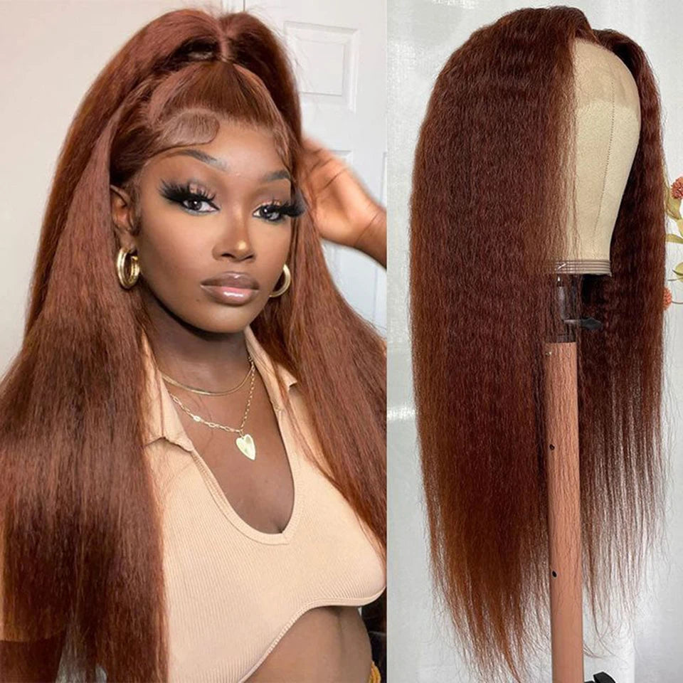 Reddish Brown Wig Kinky Straight Human Hair Wigs Curly Front 13x6 Hd Lace Frontal Wig Glueess Brazilian Wigs On Sale Clearance
