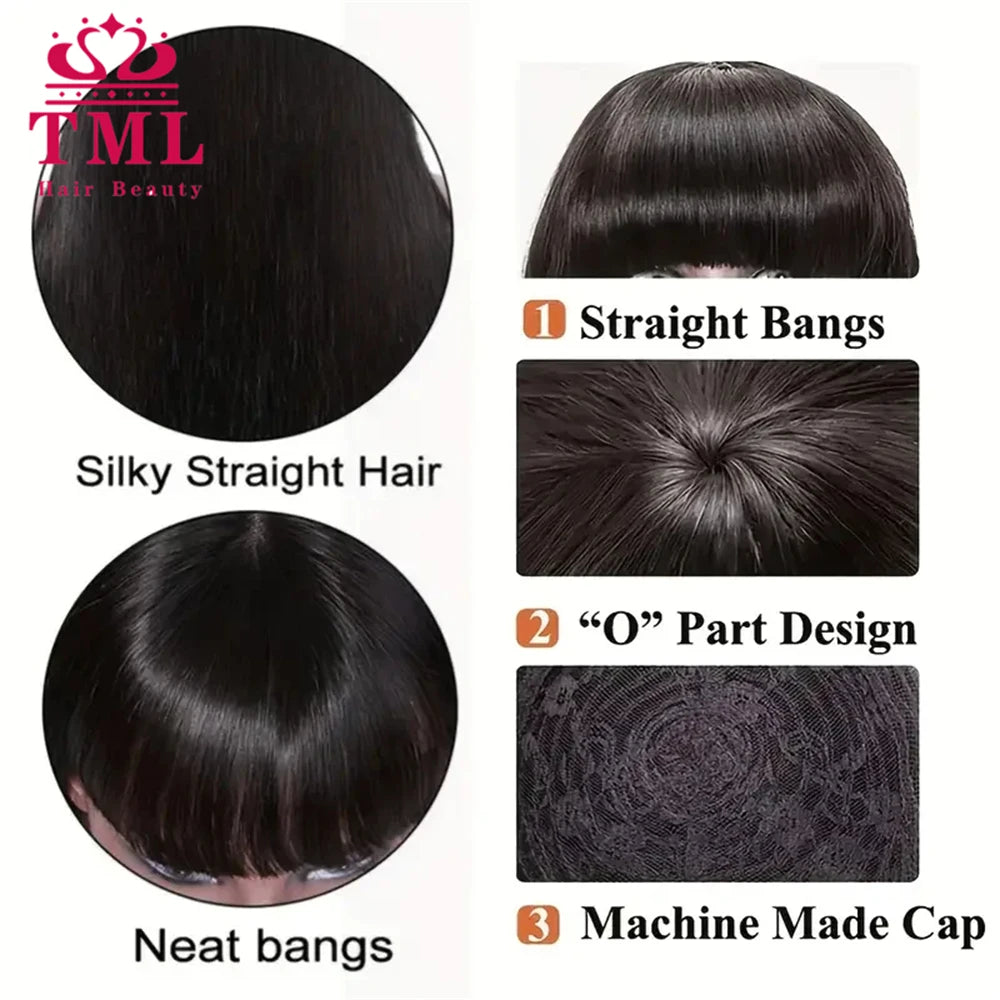Bone Straight Human Hair Wigs with Bangs For Women Brazilian Natural Cheap Full Machine Made Wigs 30Inch Long Straight Bangs Wig