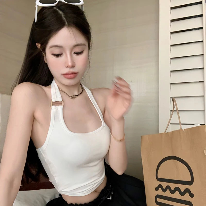 Summer Hotsweet Halter Tank Top Women Solid Color Sleeveless Slim Camisole With Bra Pad