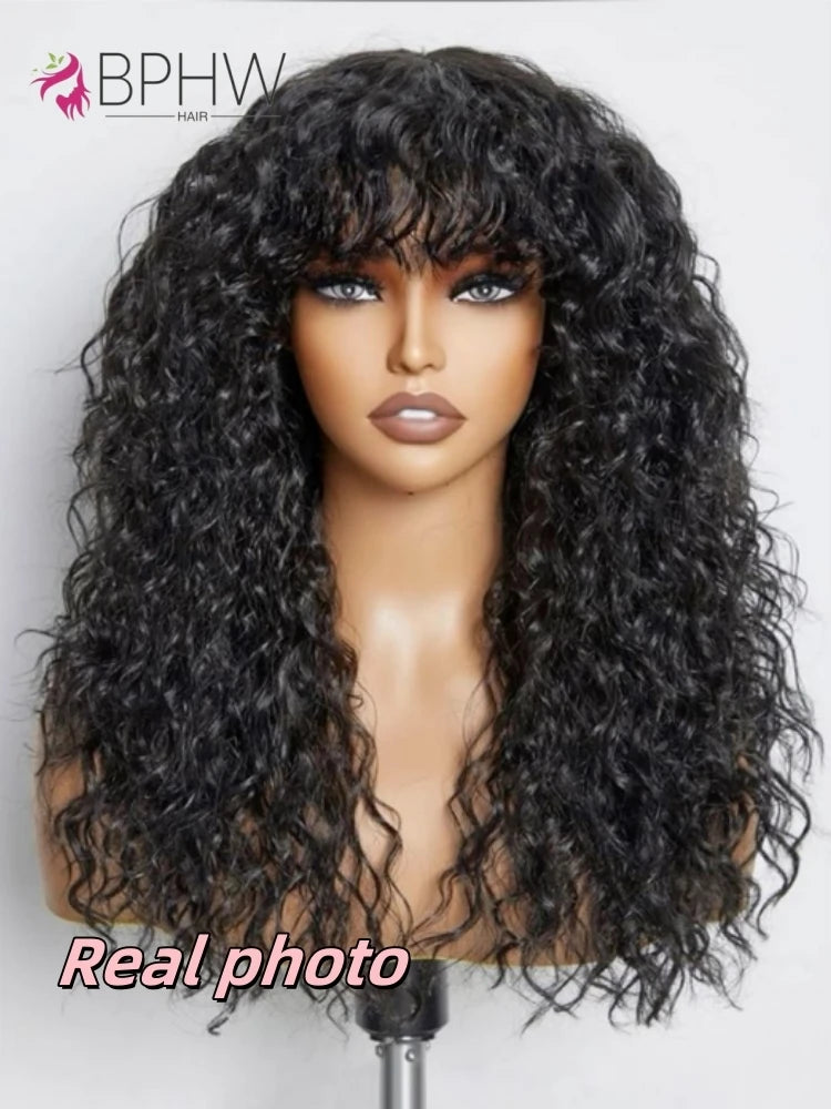 Water Wave Human Hair Wigs with Bangs Brazilian Human Hair For Women 180% Density Machine Made Deep Wave Curly Wigs Long Wigs