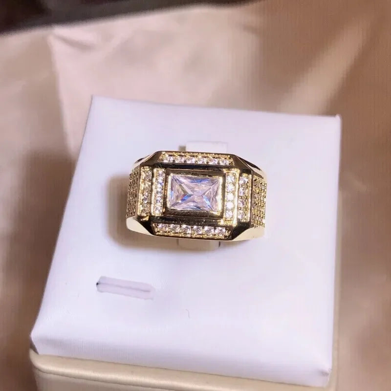 Fashion 14K Gold Plated Rings for Men Women Rectangular Diamond Crystal Zircon Finger Ring Jewelry 2025 Gift Anillos Mujer
