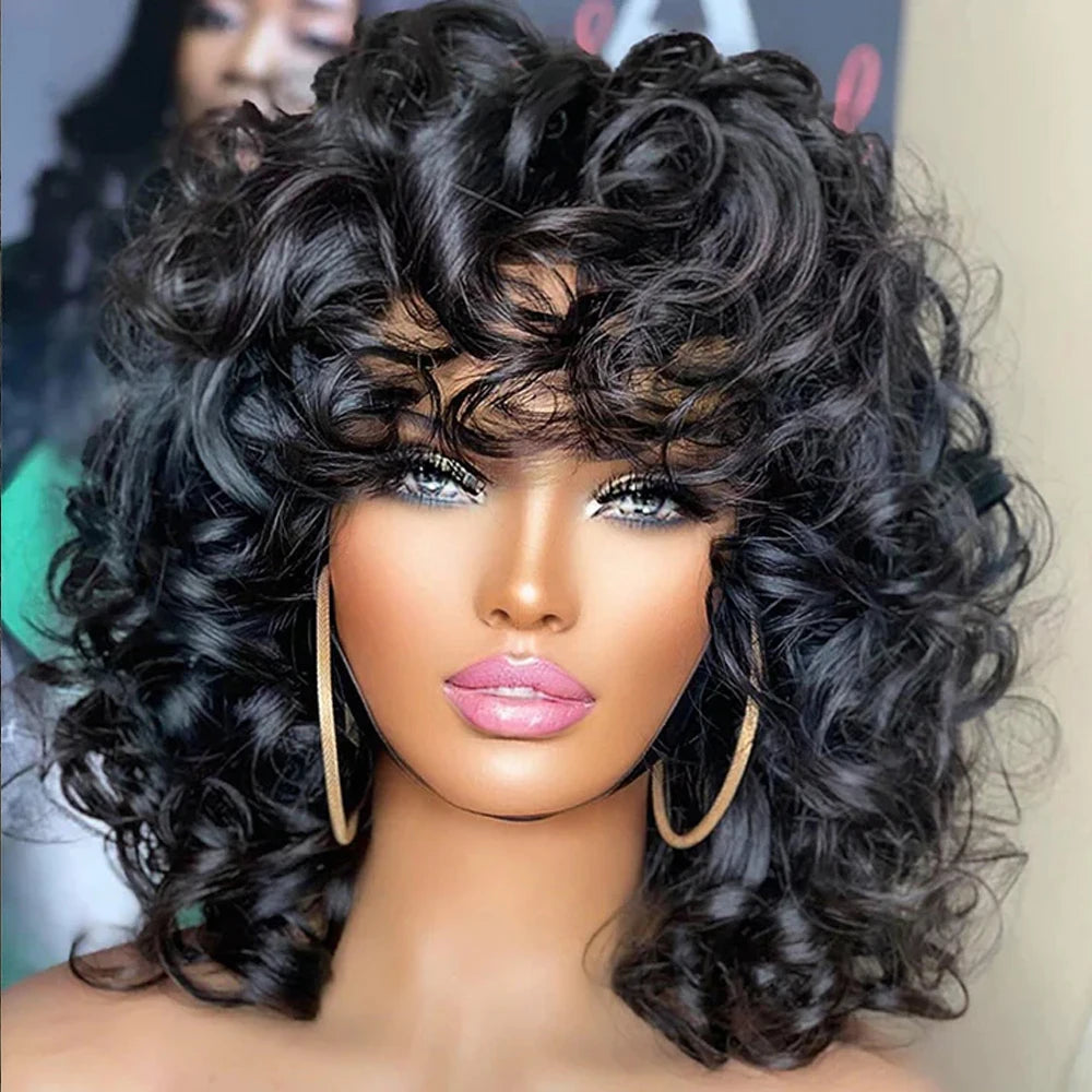 Short Curly Bob Wig Human Hair With Bangs Ready to Go Glueless Bouncy Curly Human Hair Wigs Machine Made Afro Wigs for Women