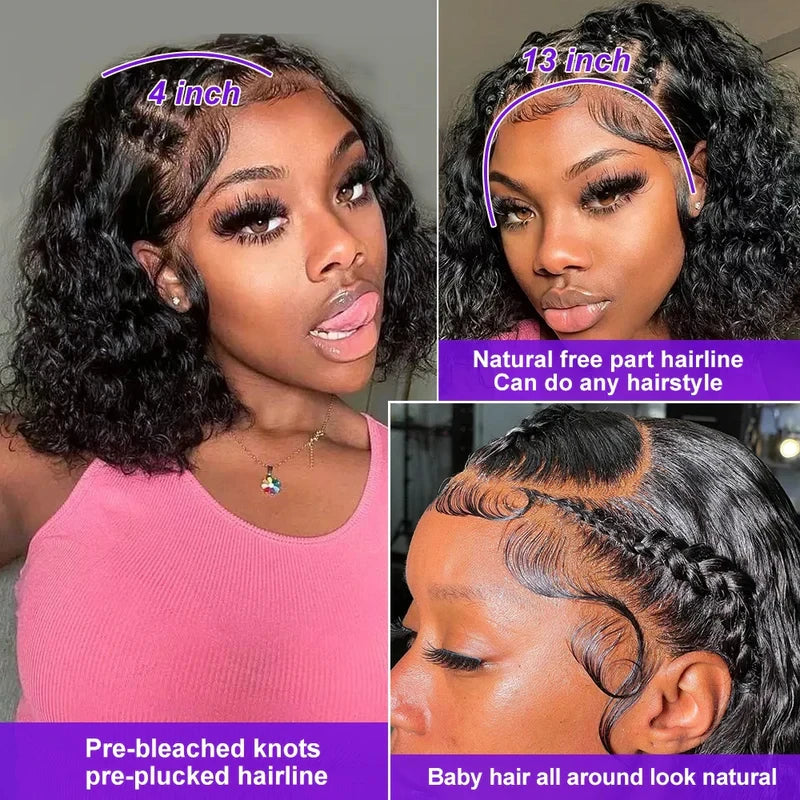 Deep Wave Human Hair Wigs Short 13x4 Lace Frontal Bob Wig 200% Density Water Wave Transparent Lace Pre Plucked Wigs For Women 1B