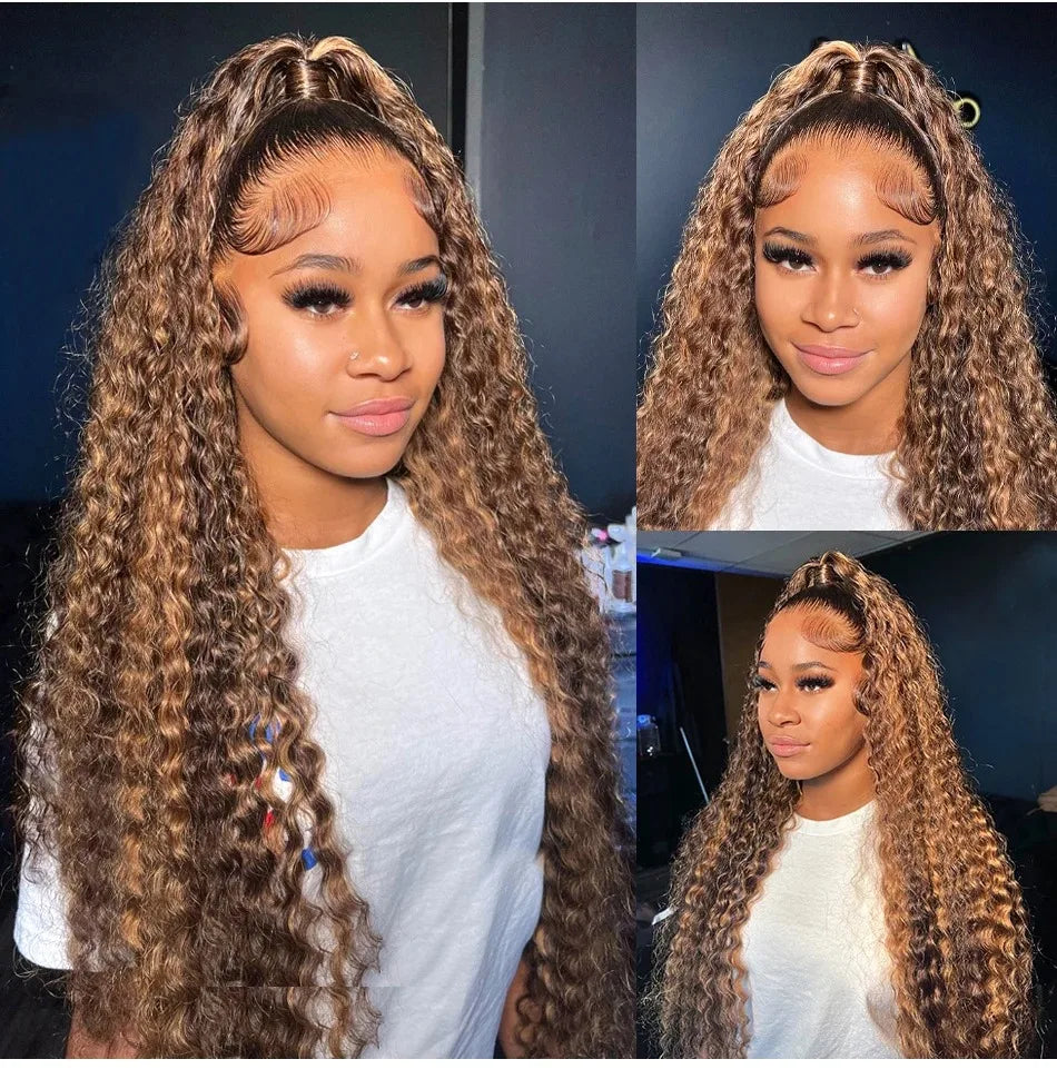 Highlight Wig Human Hair Deep Wave 13x4 Lace Frontal Wig Curly Ombre Transparent Lace Front Wig Colored Honey Blonde Lace Wig