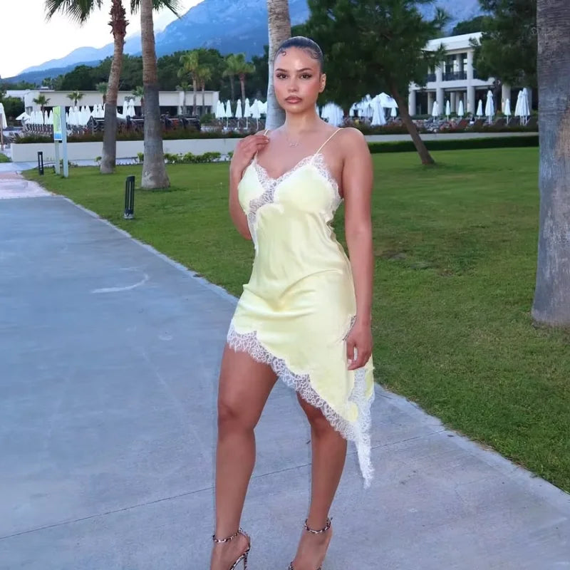 Summer Women Halter Top Satin Lace Spliced Tank Backless Deep Neck Sexy Vest Irregular Hem Vestidos 2025 Lady Vacation Sexy Tops