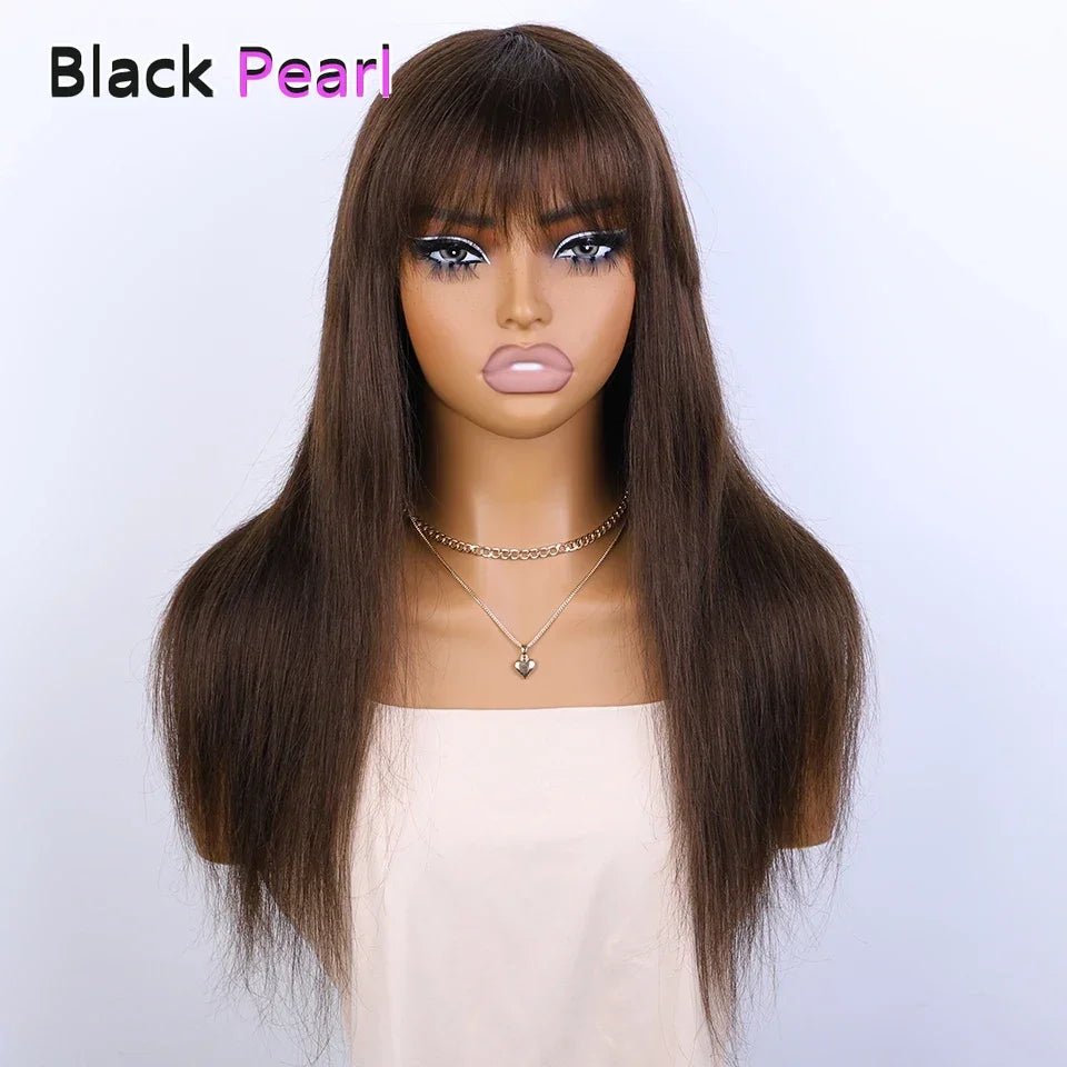 Sleek Chocolate Brown Long Straight 100% Human Hair Wig With Bangs For Women Brazilian Remy Hair Full Machine Made Daily Wigs