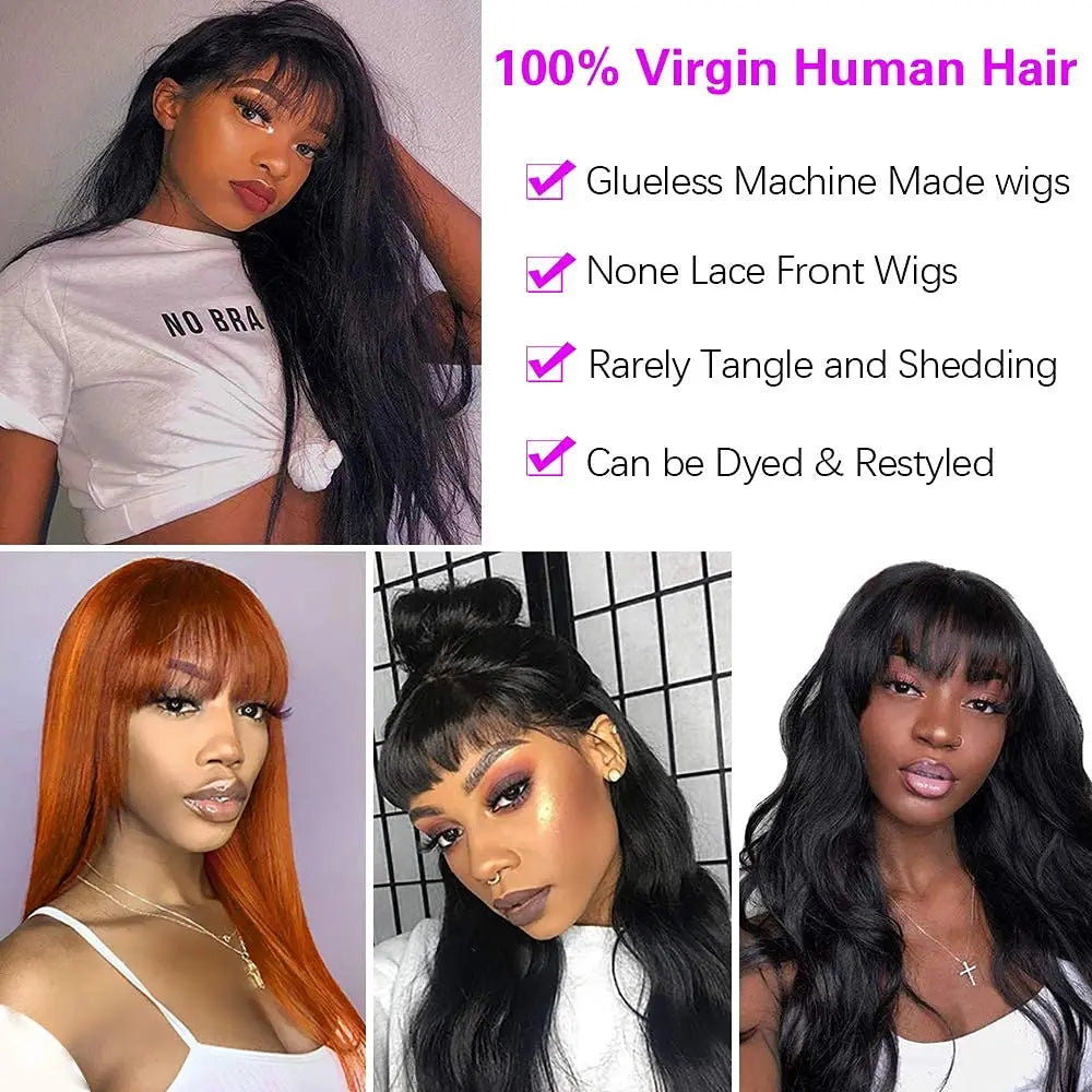 100% Human Hair Wig With Bangs Short Human Hair Wigs For Brazilian Straight Black Long Fringe Wig full machine made wig
