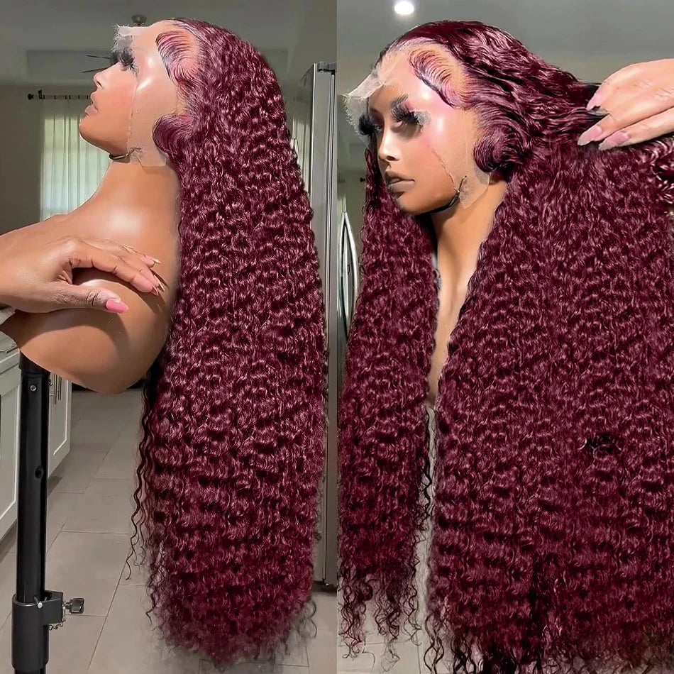 Curly Wigs 30 Inch Burgundy 13x4 Lace Frontal Human Hair Wigs High Density 99J Red Colored Deep Wave Human Hair Wigs Pre Plucked