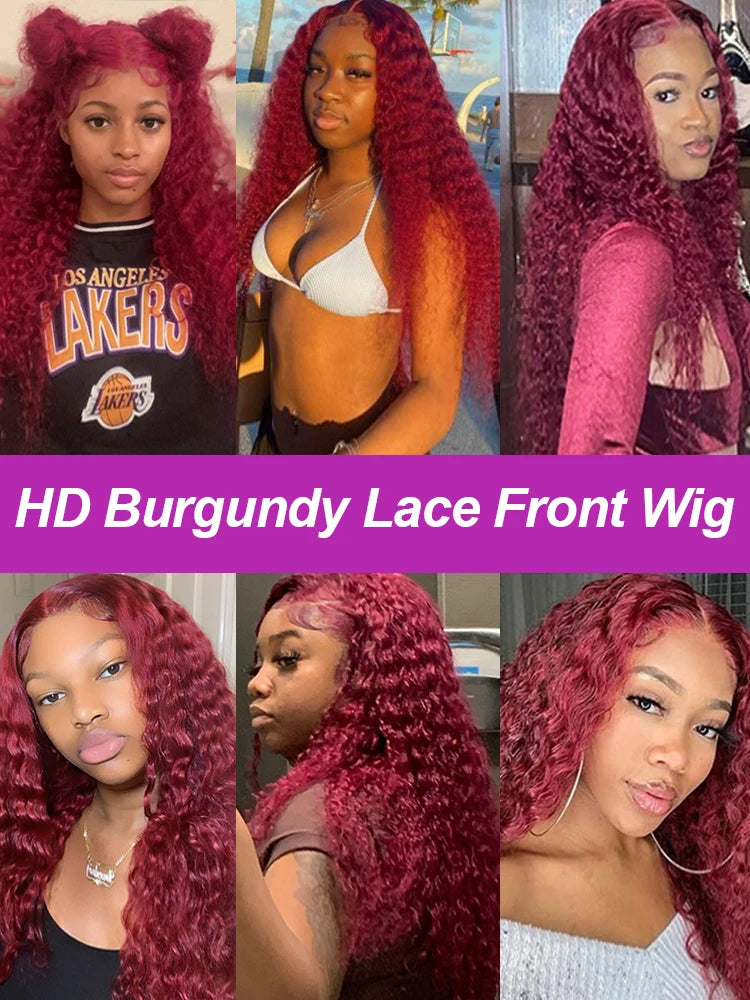 Curly Wigs 30 Inch Burgundy 13x4 Lace Frontal Human Hair Wigs High Density 99J Red Colored Deep Wave Human Hair Wigs Pre Plucked