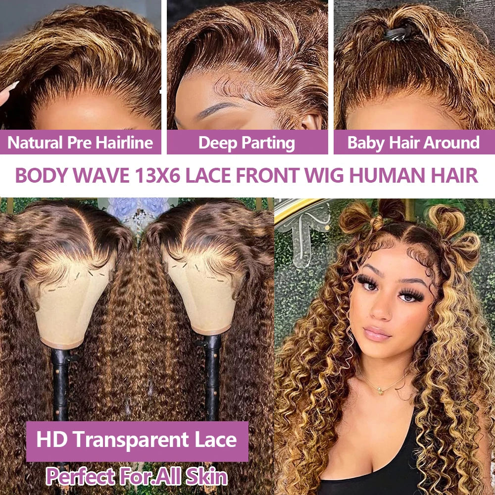 High Density 30 Inch Deep Wave 13x4 HD Lace Front Human Hair Wig Water Wave Curly Transpare Ombre Brown Wig Human Hair For Women
