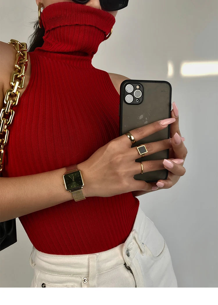 HELIAR Women Off Shoulder Tops Turtleneck Tank Tops Knitted Hot Tops Women 2024 Summer Skinny Round Neck Solid Cute Cropped