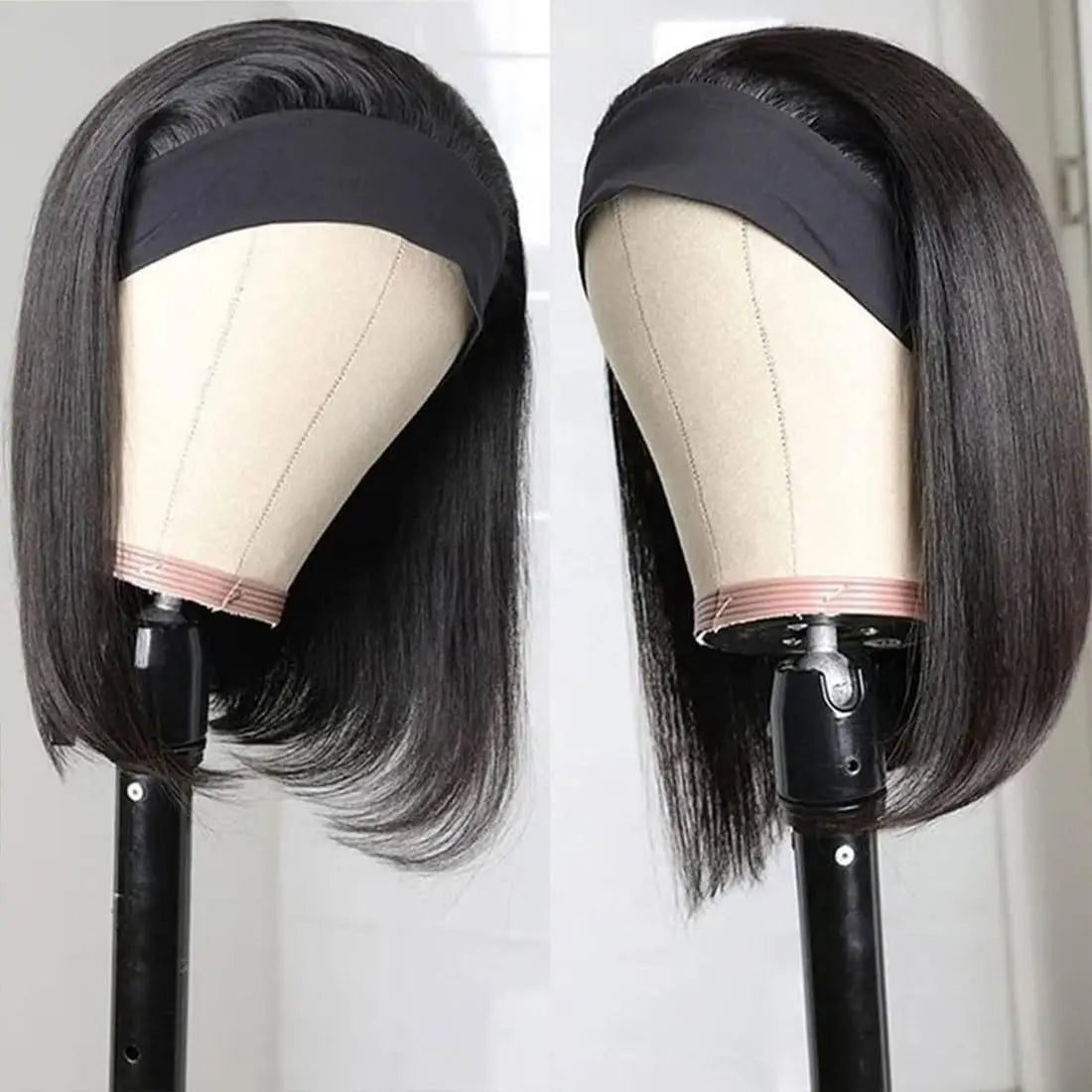 Straight Human Hair Wigs - Getarme Headband Wigs Human Hair Bob Wig Full Machine Made Curly Hair Bang Wig 8-16 Inches Remy Hair