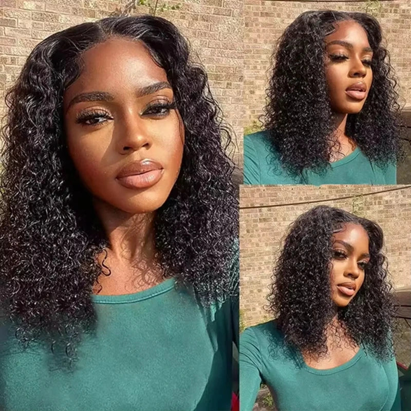 Deep Wave Human Hair Wigs Short 13x4 Lace Frontal Bob Wig 200% Density Water Wave Transparent Lace Pre Plucked Wigs For Women 1B