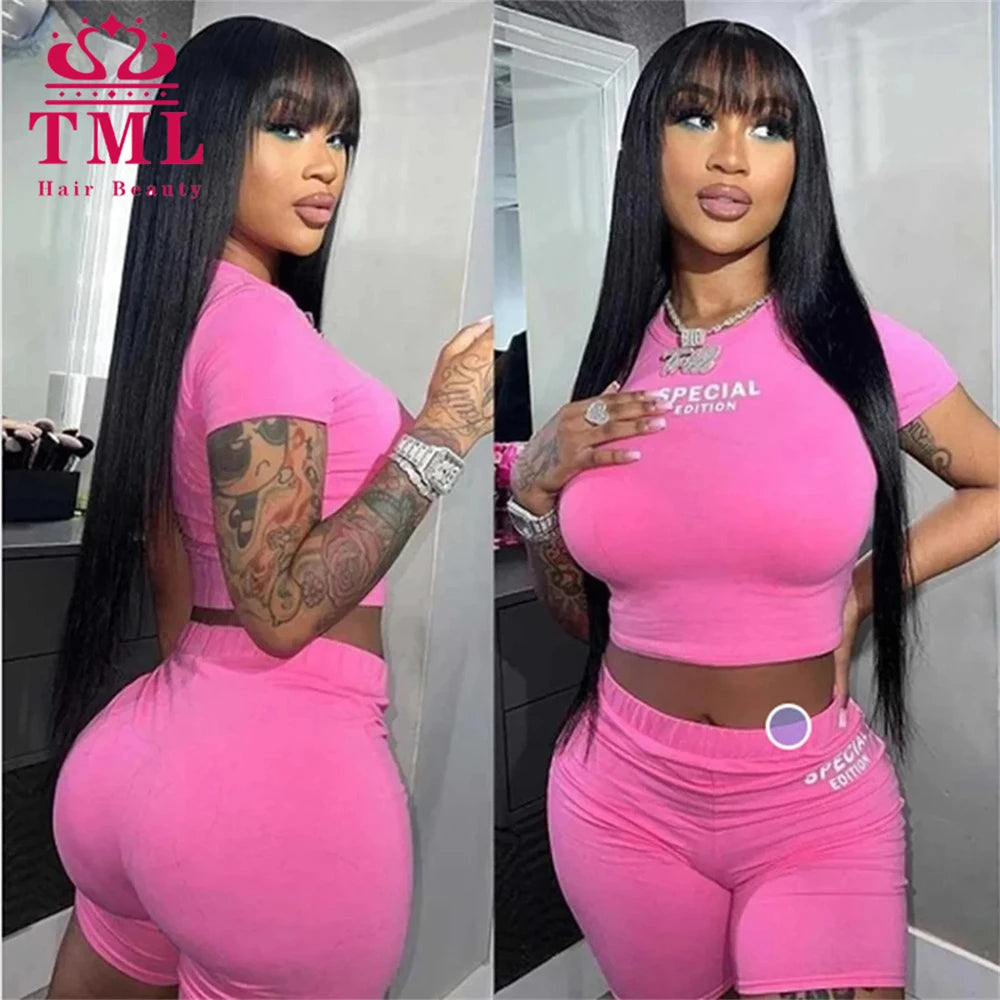 Bone Straight Human Hair Wigs with Bangs For Women Brazilian Natural Cheap Full Machine Made Wigs 30Inch Long Straight Bangs Wig