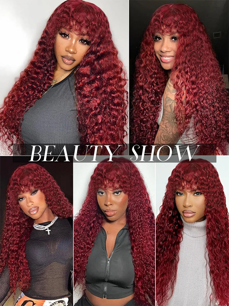 99J Burgundy Curly Wig with Bangs Human Hair Deep Wave Wear and Go Glueless Color Wigs Brazilian Full Machine Made Wig for Women