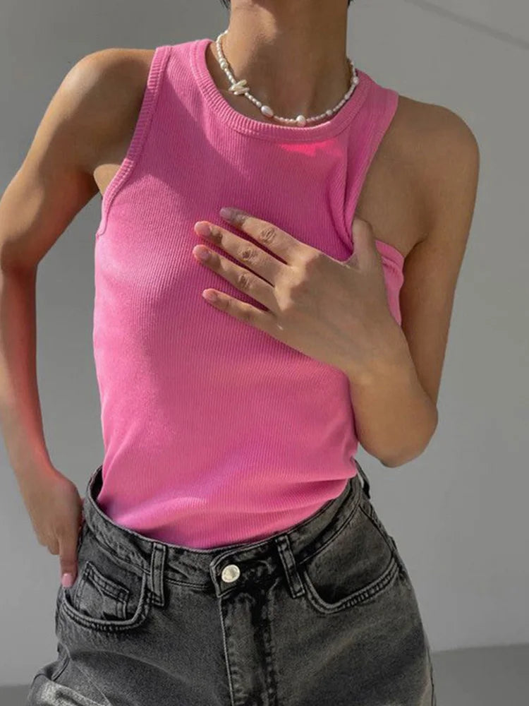 Ribbed Knitted Tops Neck Summer Basic Shirts White Black Casual Sport Vest Off Shoulder Green Women's Tank Top