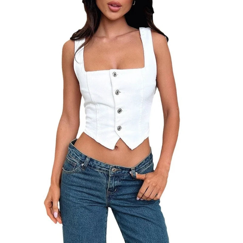 Summer Hot Sale New women's clothing products Cowboy camisole vest Sweet and fresh Buckle fashion Women's short top Solid