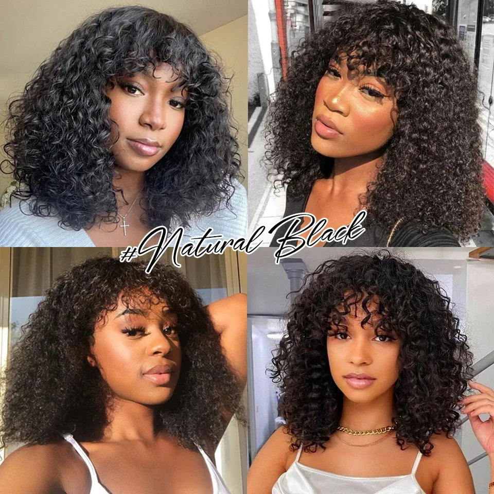 Water Wave Human Hair Wigs with Bangs Brazilian Human Hair For Women 180% Density Machine Made Deep Wave Curly Wigs Long Wigs