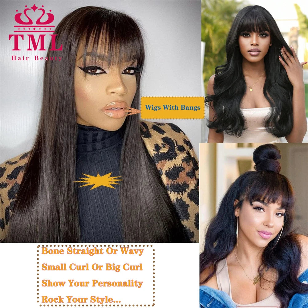 Bone Straight Human Hair Wigs with Bangs For Women Brazilian Natural Cheap Full Machine Made Wigs 30Inch Long Straight Bangs Wig