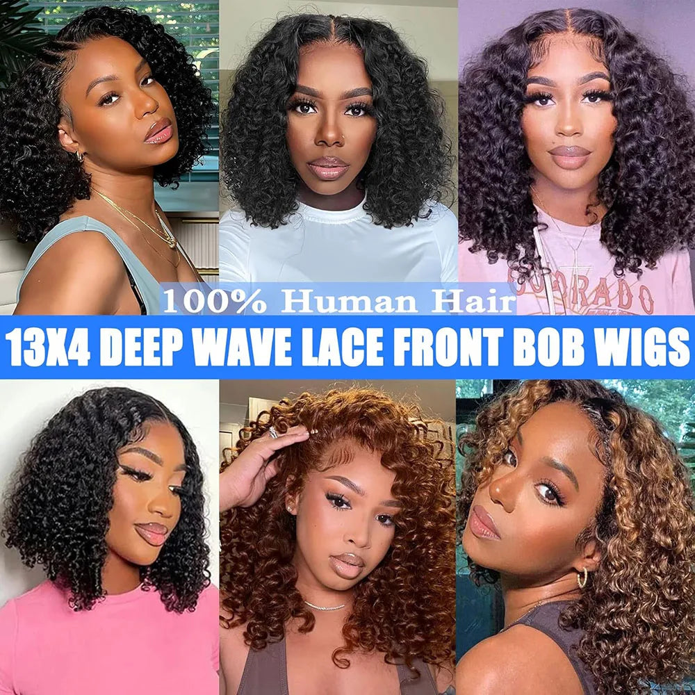 100% Human Hair Wig Deep Wave Bob Human Hair Lace Frontal Wig Deep Curly Wigs 13x4 Transparent Lace Front Wigs 4x4 Short Wigs