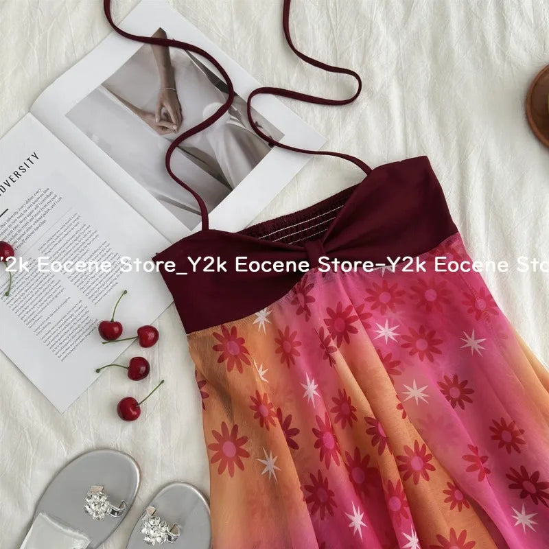 Summer Hot Girl Sexy Beach Party Top Ins Red Fashion Design Halterneck Slip Clothes Korea Elegant Floral Patchwork Bandeau Camis