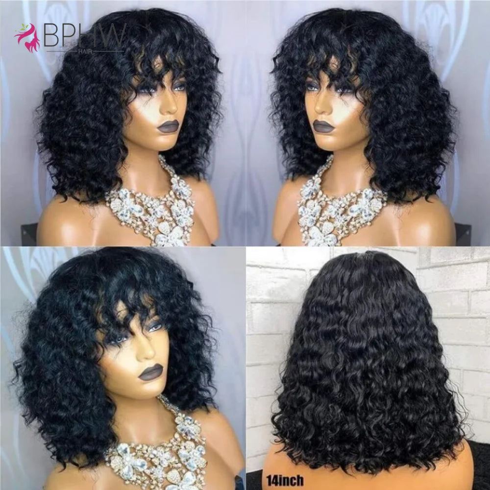 Water Wave Human Hair Wigs with Bangs Brazilian Human Hair For Women 180% Density Machine Made Deep Wave Curly Wigs Long Wigs