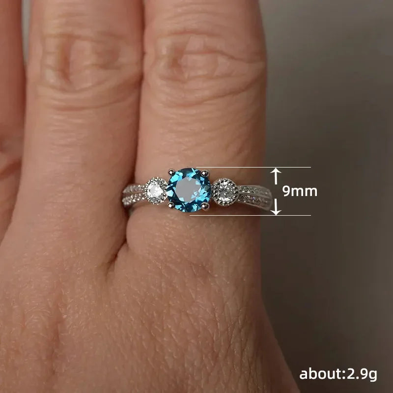 Fashion Female Ring 925 Sterling Silve Sea Blue Round Zircon Finger Rings for Women Promise Love Wedding Ring for Women Jewelry