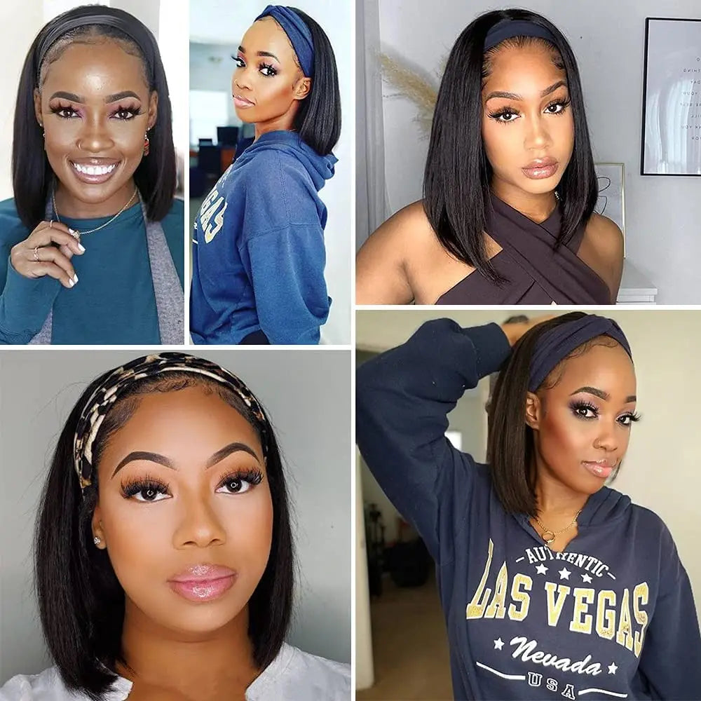 Straight Human Hair Wigs - Getarme Headband Wigs Human Hair Bob Wig Full Machine Made Curly Hair Bang Wig 8-16 Inches Remy Hair