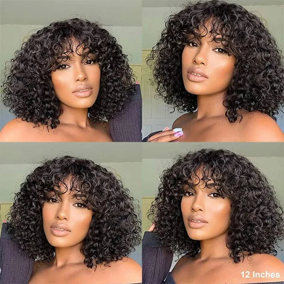 Water Wave Human Hair Wigs with Bangs Brazilian Human Hair For Women 180% Density Machine Made Deep Wave Curly Wigs Long Wigs