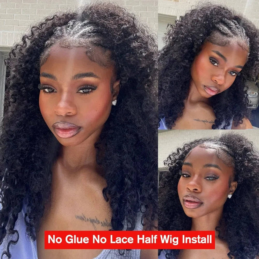 Water Curly Half Wig Drawstring Human Hair Wigs 3 In 1 Flip Over Half Wig Glueless Wig Elastic Band Clip in Hair 3/4 Half Wig