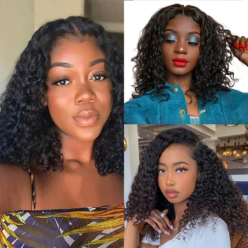 Deep Wave Human Hair Wigs Short 13x4 Lace Frontal Bob Wig 200% Density Water Wave Transparent Lace Pre Plucked Wigs For Women 1B
