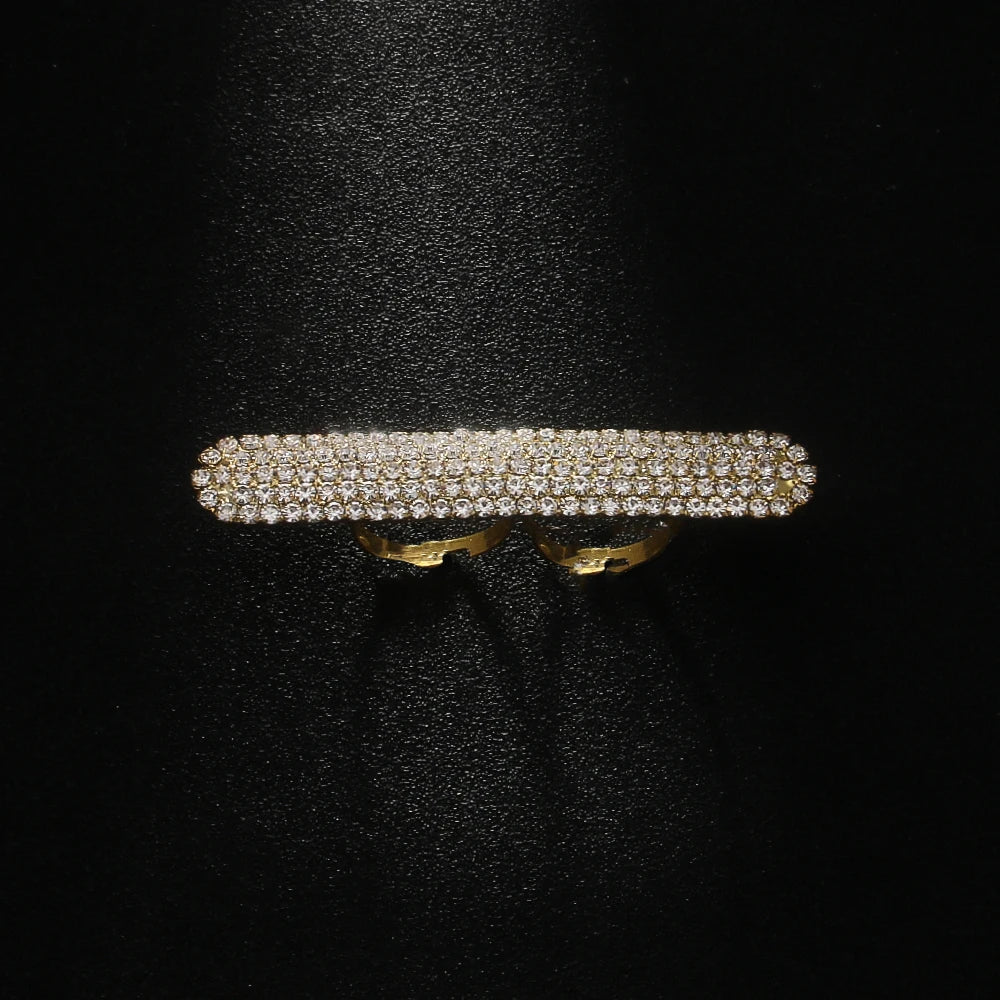 Fashion Lady Long Bar Ring Two Fingers Handmade Hand Accessories Bling Geometric Dubai Rhinestone Open Rings for Women Party