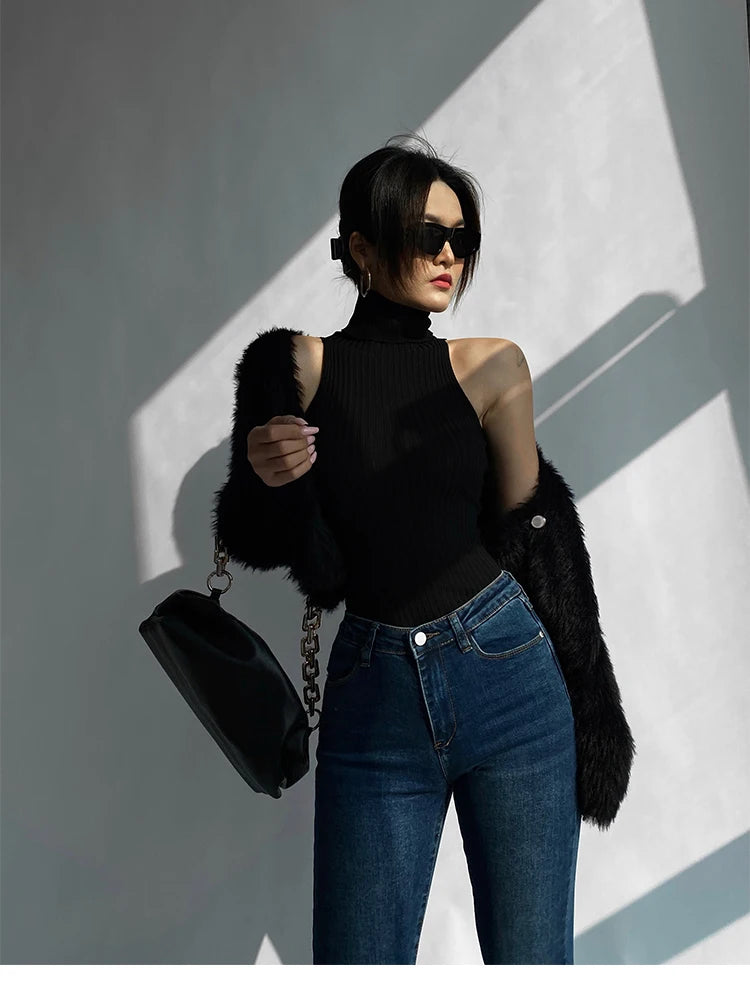 HELIAR Women Off Shoulder Tops Turtleneck Tank Tops Knitted Hot Tops Women 2024 Summer Skinny Round Neck Solid Cute Cropped