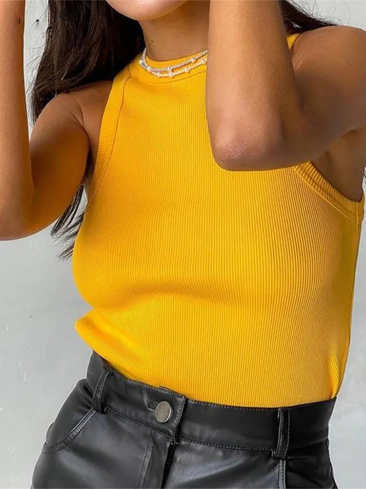 Ribbed Knitted Tops Neck Summer Basic Shirts White Black Casual Sport Vest Off Shoulder Green Women's Tank Top