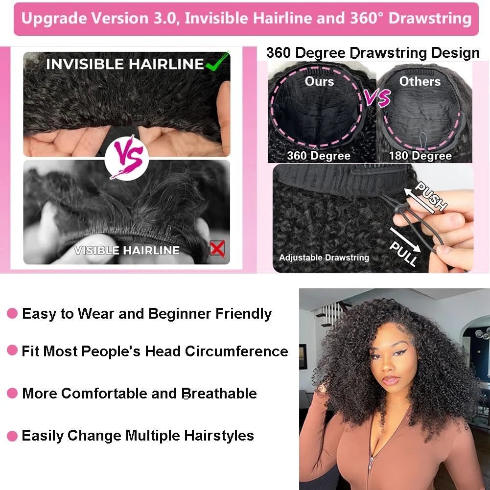 Kinky Curly Flip Over Human Hair Wig Half Wigs 250 Density 3 In 1 Seamless Beginner Friendly Glueless Wear and Go Curly Wig