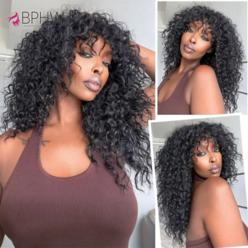 Water Wave Human Hair Wigs with Bangs Brazilian Human Hair For Women 180% Density Machine Made Deep Wave Curly Wigs Long Wigs
