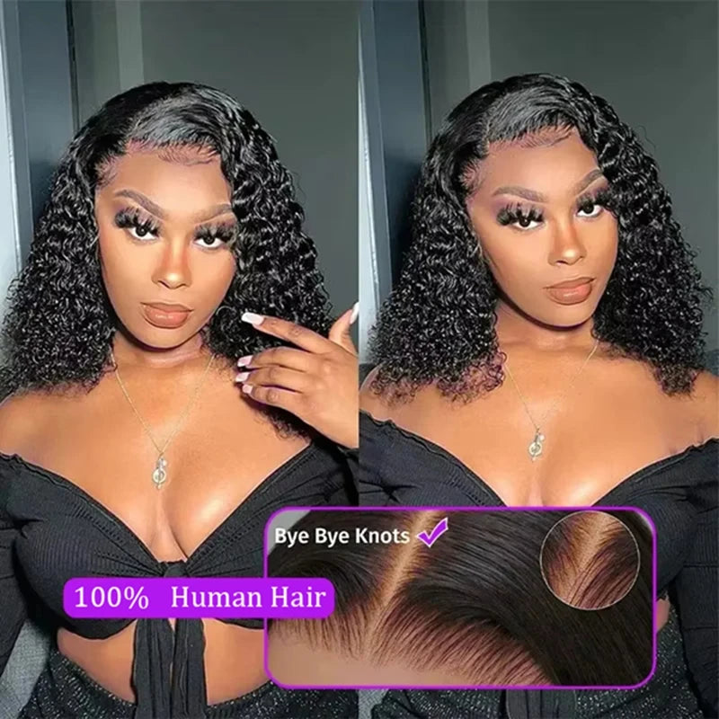 Deep Wave Human Hair Wigs Short 13x4 Lace Frontal Bob Wig 200% Density Water Wave Transparent Lace Pre Plucked Wigs For Women 1B