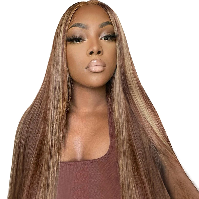 Wear And Go Glueless Human Hair Brazilian Straight Highlight Wig 4x4 HD Lace Glueless Preplucked Human Wigs Ready To Go