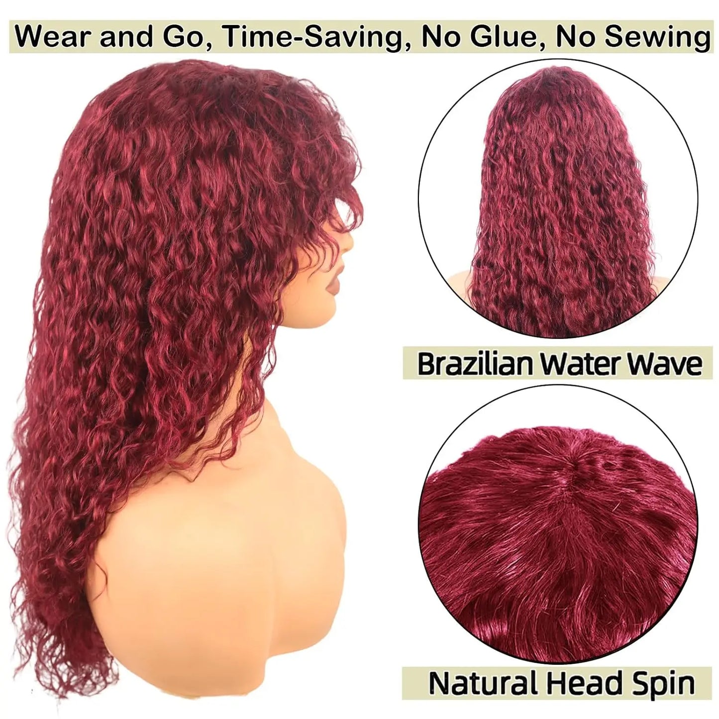 99J Burgundy 30 Inch Deep Curly Red Human Hair Wig With Bangs Water Wave Wear And Go Glueless Color Wigs Full Machine Made
