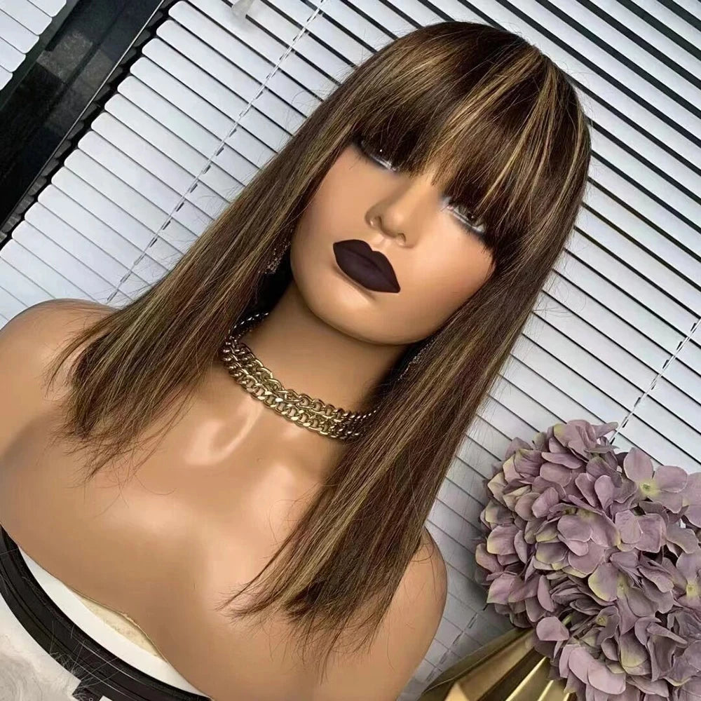 100% Human Hair Wig With Bangs Brazilian Straight Bangs Bob Wigs Full Machine Made Wig For Women Short Bob Wigs