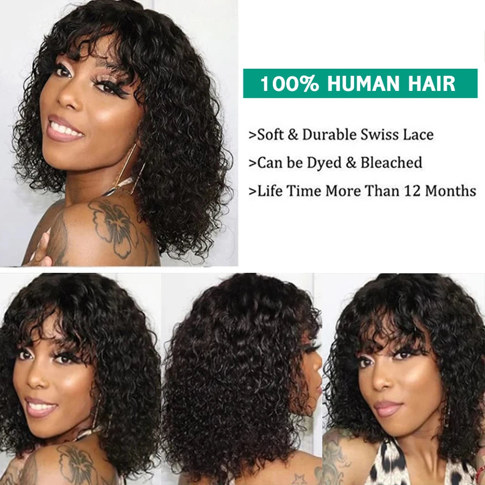 PU Fake Scalp Human Hair Wigs With Bangs 16-32 Inch Brazilian Deep Wave Curly Bangs Human Hair Fringe Wig 180 Density For Women