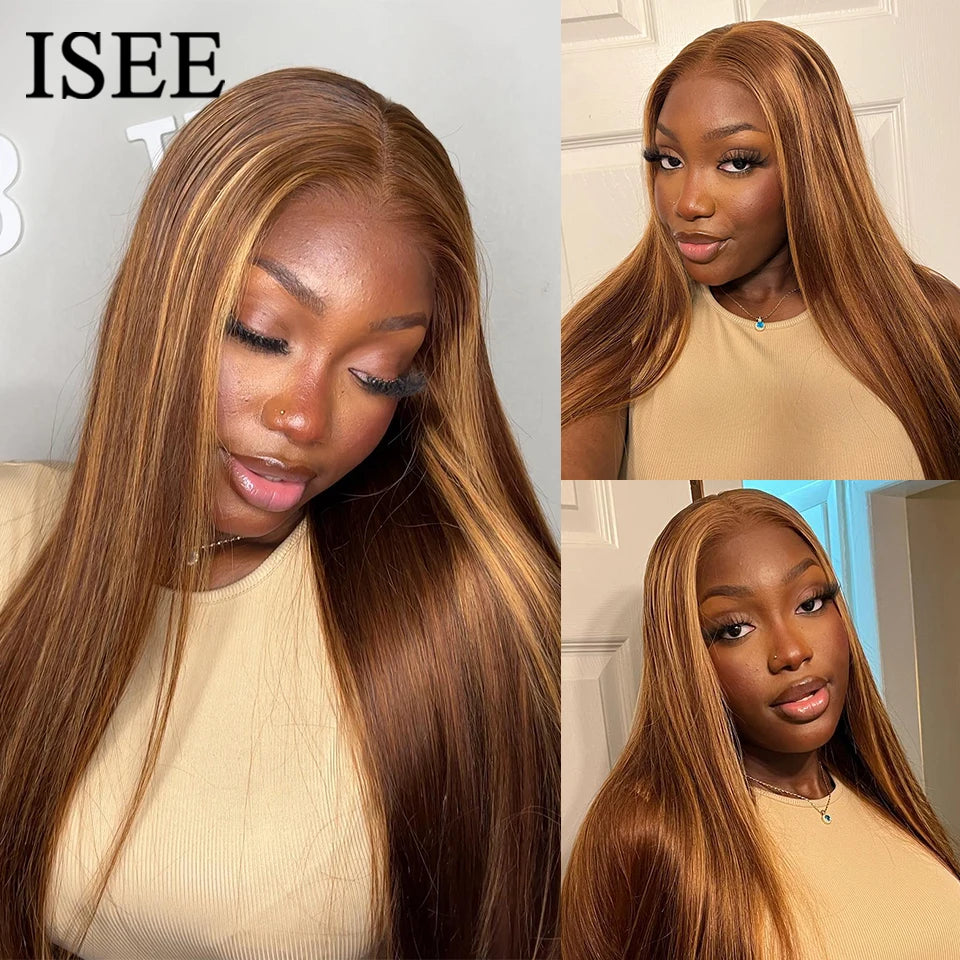 Wear And Go Glueless Human Hair ISEE Brazilian Straight Highlight Wig 6x4 HD Lace Glueless Preplucked Human Wigs Ready To Go