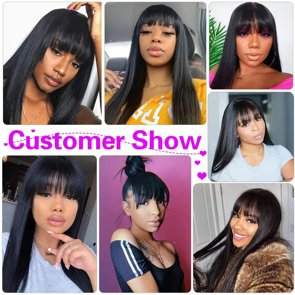 100% Human Hair Wig With Bangs Short Human Hair Wigs For Brazilian Straight Black Long Fringe Wig full machine made wig