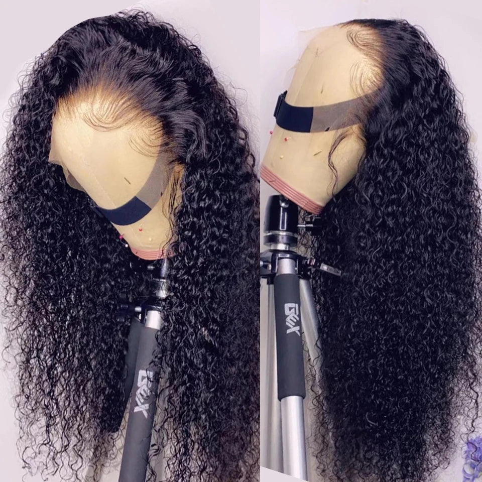 Long Kinky Curly Human Hair Wig For Women Raw Indian Hair 13X4 Transparent Lace Frontal Wig Pre-plucked 30 Inch Natural Color