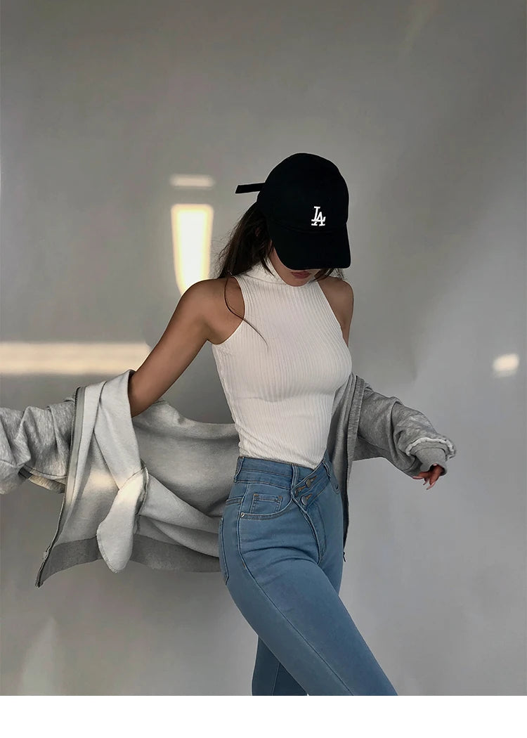 HELIAR Women Off Shoulder Tops Turtleneck Tank Tops Knitted Hot Tops Women 2024 Summer Skinny Round Neck Solid Cute Cropped