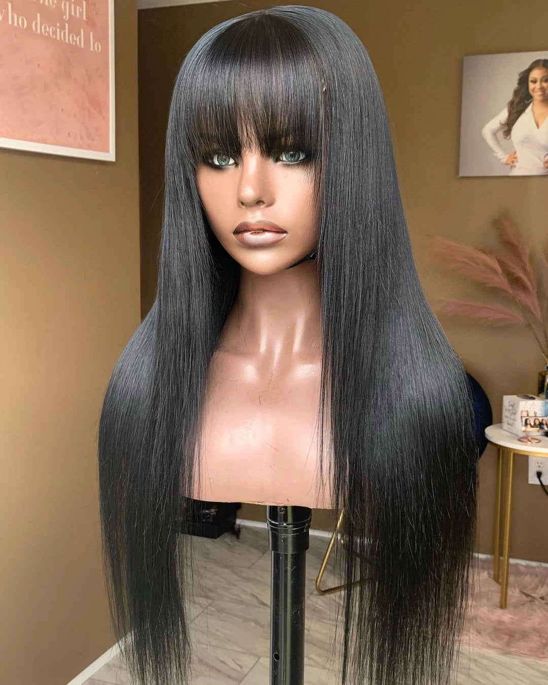 100% Human Hair Wig With Bangs Short Human Hair Wigs For Brazilian Straight Black Long Fringe Wig full machine made wig